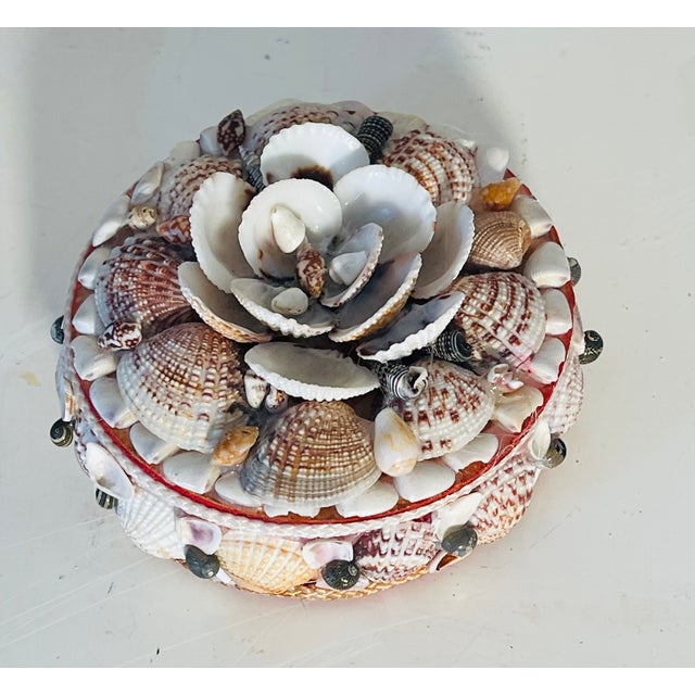 Antique sea Shell encrusted trinket round box with red velvet inlay.