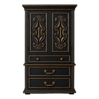 Vintage Onyx Black & Gilded Gentleman’s Dry Bar Cabinet With Illuminated Brass Interior For Sale