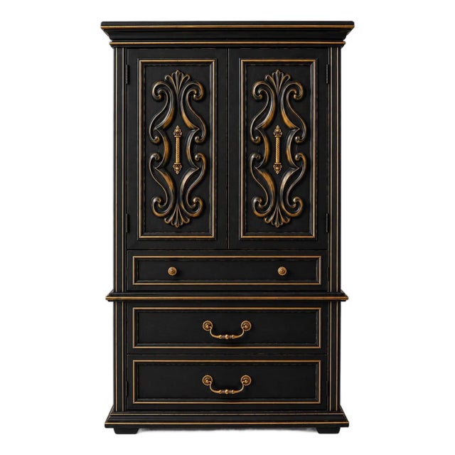 Vintage Onyx Black & Gilded Gentleman’s Dry Bar Cabinet With Illuminated Brass Interior For Sale