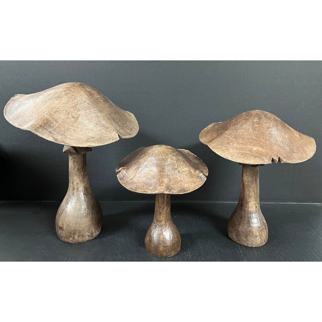 Late 20th Century Late 20th Century Set of 3 Folk Art Carved Wood Mushroom Sculpture #M45 For Sale - Image 5 of 10