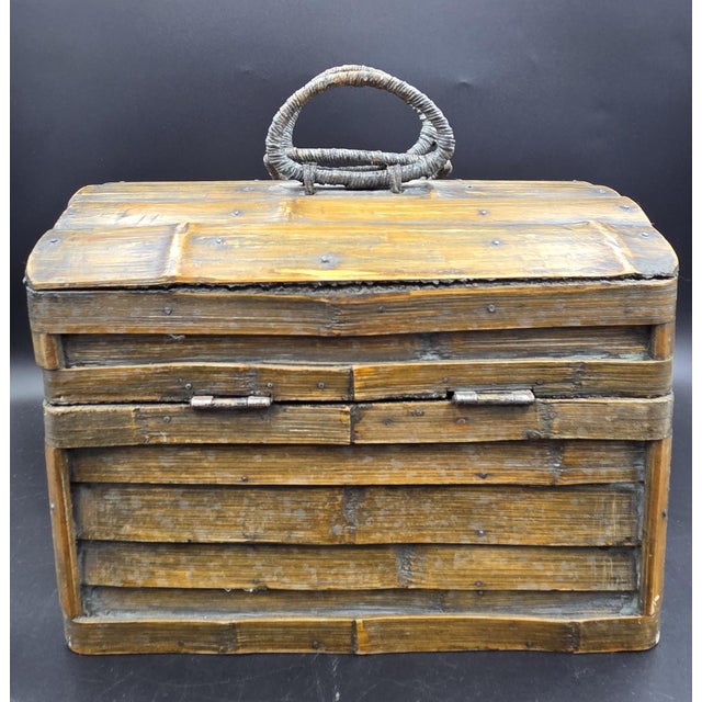 Vintage Primitive Split Bamboo Slatted Storage Chest Trunk- 13" Gathering Basket With Wrapped Wire Handles For Sale - Image 4 of 18