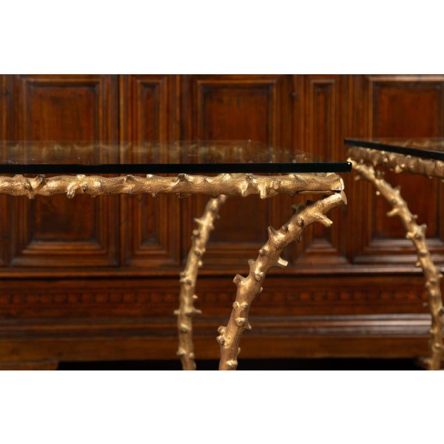 Pair of Midcentury Gilt Bronze Glass Tops Console Tables with Faux Bois Motifs For Sale - Image 9 of 12