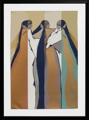 1981 "El Espejo" Teal, Brown and Blue Toned Modernist Figurative Print by Amado Maurilio Pena