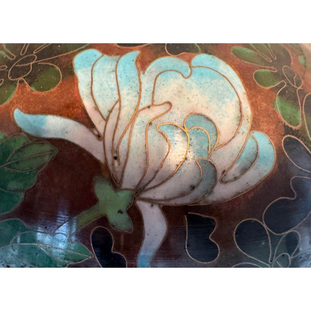 Coffee Extra-Large Mid-Century Chinese Cloisonné Ginger Jar With Detailed Chrysanthemum and Plum Flower Motifs For Sale - Image 8 of 10