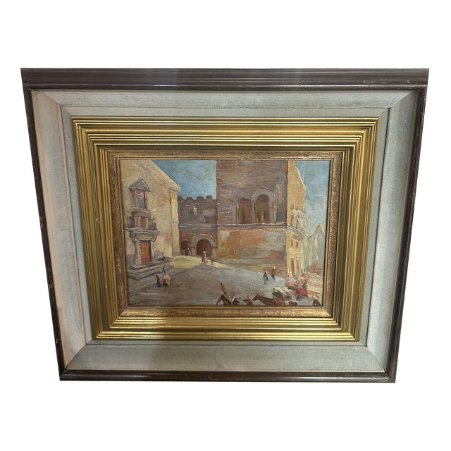 Glimpse of Palazzo Corvaja in Taormina, 1920s, Oil on Wooden Panel For Sale
