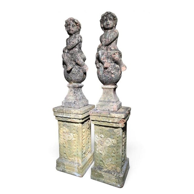 Pair of Italian Cherub Sculptures with Pedest, 1890, Terracotta For Sale - Image 4 of 10