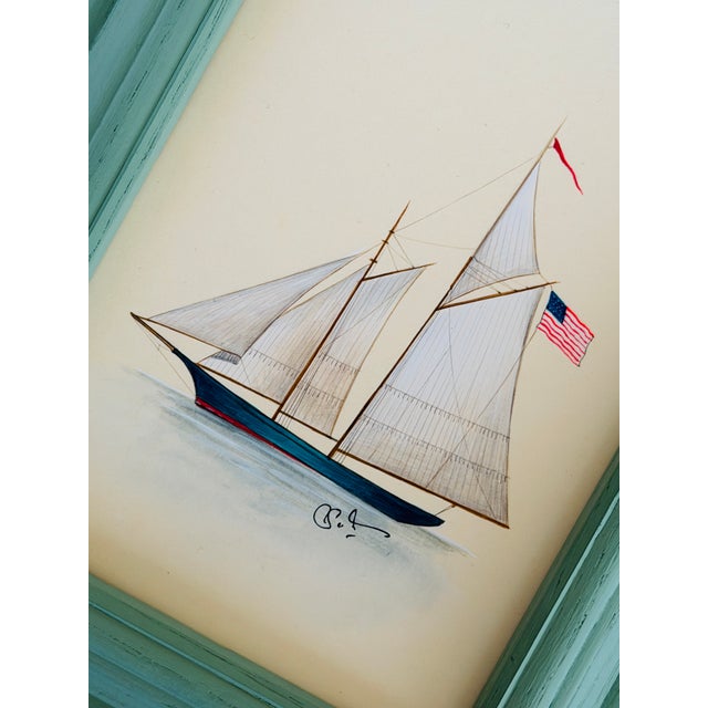 Hand-painted by master artists using acrylic paints and natural pigments, this sailing ship features a deep teal-blue hull...