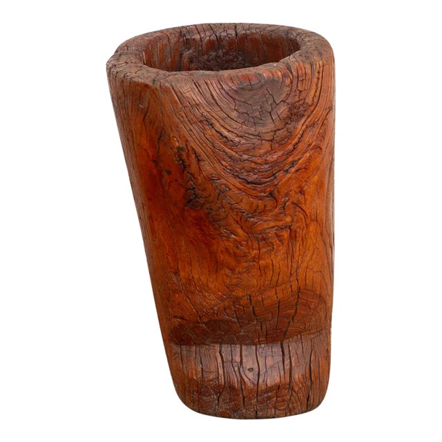 19th Century Rustic Antique Chinese Mortar, Carved Wood Planter For Sale