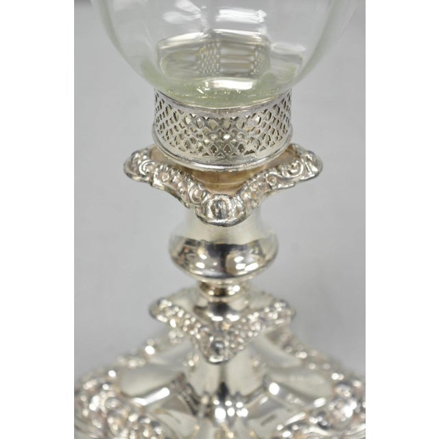 Silver Antique Victorian Silver Plated Glass Hurricane Lamp Shade Candlestick - Pair For Sale - Image 8 of 18
