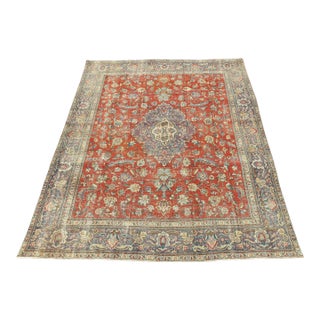 Tabriz Rug 9’7” X 10’10” Red Wool Vintage Distressed Hand-Knotted Carpet For Sale