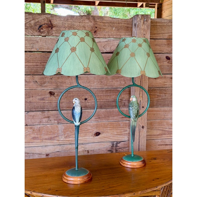 Vintage Coastal Regency Verdigris Parakeet Table Lamps With Scalloped Metal Shades-Pair For Sale - Image 10 of 11