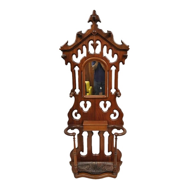 Antique Eastlake Victorian Walnut Coat Hall Tree Umbrella Stand With Mirror For Sale