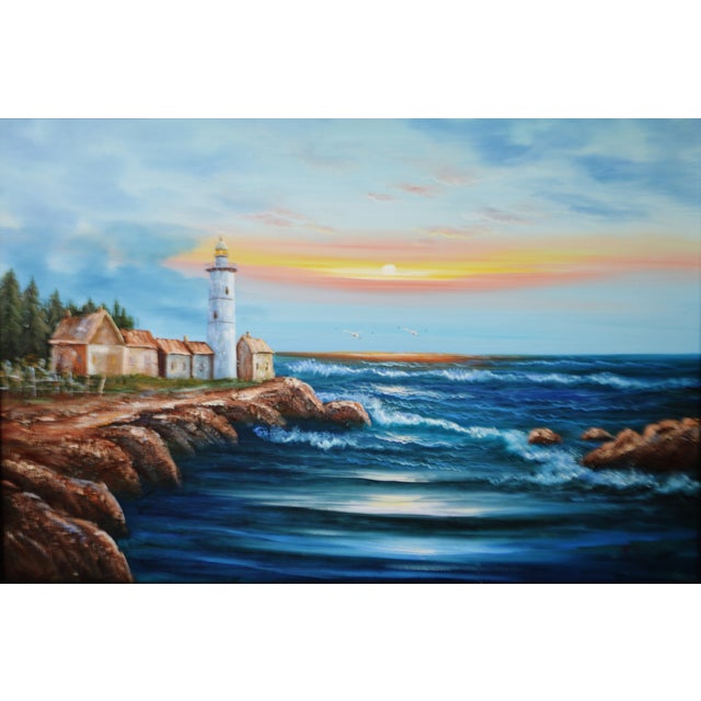 Vintage Framed Nautical Lighthouse Seascape Oil on Canvas Artist Signed Chairish
