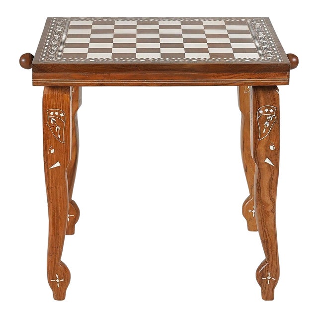 Hand Inlaid Wooden Chess Board End Table With Wooden Pegs For Sale