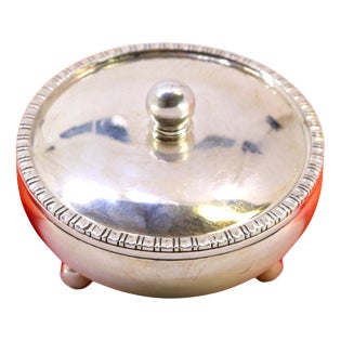 Circular Silver Box with Removable Lid Handle and Frieze For Sale