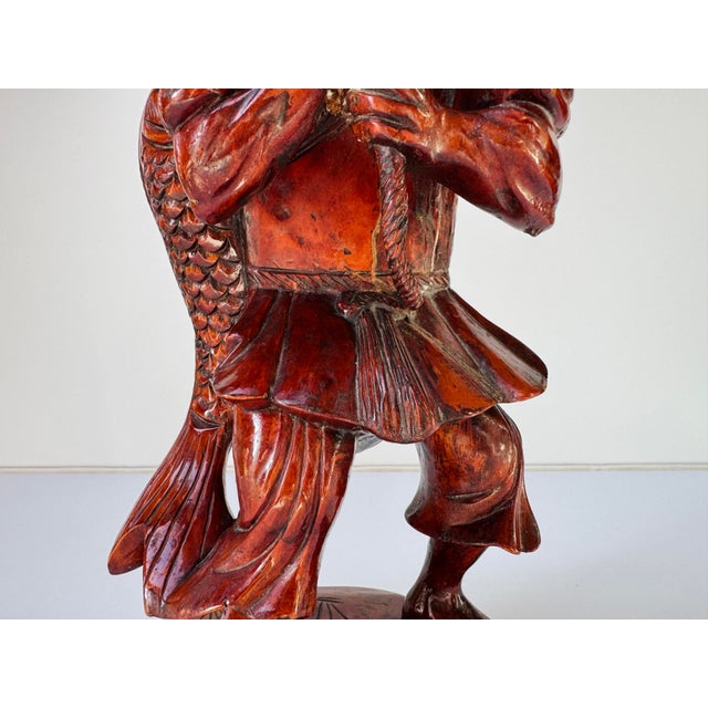 Chinese Mid-Century Hand-Carved Chinese Fisherman Statue For Sale - Image 3 of 12