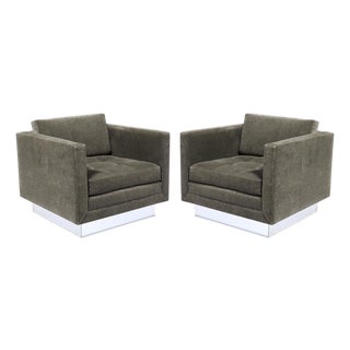 Pair of Mid-Century Biscuit Tufted Cube Chairs W/ Chrome Wrapped Base in Mohair For Sale