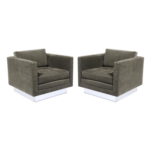 Pair of Mid-Century Biscuit Tufted Cube Chairs W/ Chrome Wrapped Base in Mohair For Sale