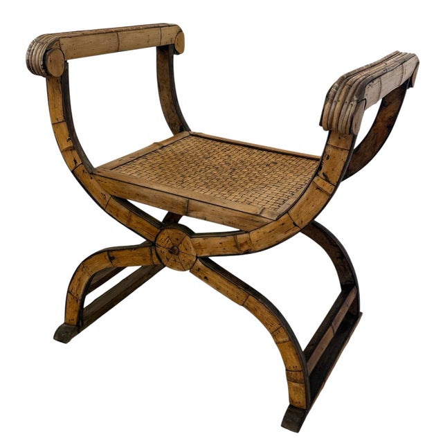 French Vintage Bamboo Rattan Savonarola Style Bench For Sale - Image 3 of 12