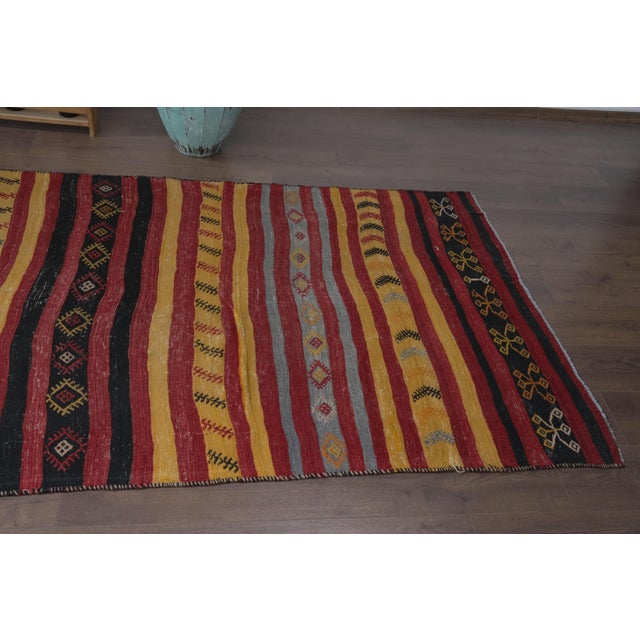 1960 Vintage Anatolian Flatweave Kilim Runner - Handwoven Striped Rug With Geometric Tribal Motifs - Red Yellow Black Accent Rug For Sale - Image 4 of 9