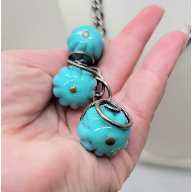 Metal Vintage Signed Napier Book Piece Modernist Silvertone Faux-Turquoise Pendants Necklace For Sale - Image 7 of 8