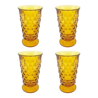 Mid 20th Century Set of Four Mid-Century Amber Glass Goblets in Textured Honeycomb Pattern For Sale