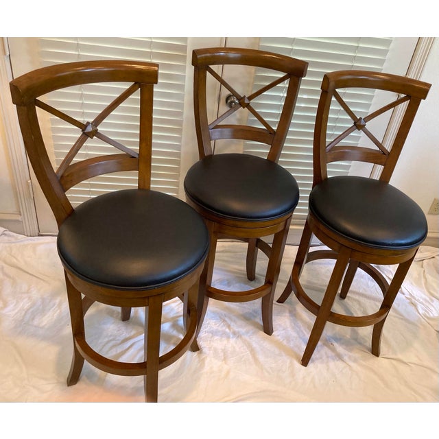 2000 - 2009 Frontgate Trio of Mahogany Neoclassic Style Barstools Black Leather Swivel Seats For Sale - Image 5 of 12