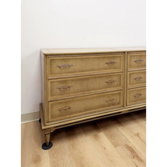 Mid 20th Century Vintage MCM Gray Washed Blonde Dresser Six Drawer With Metal Handles For Sale - Image 5 of 13