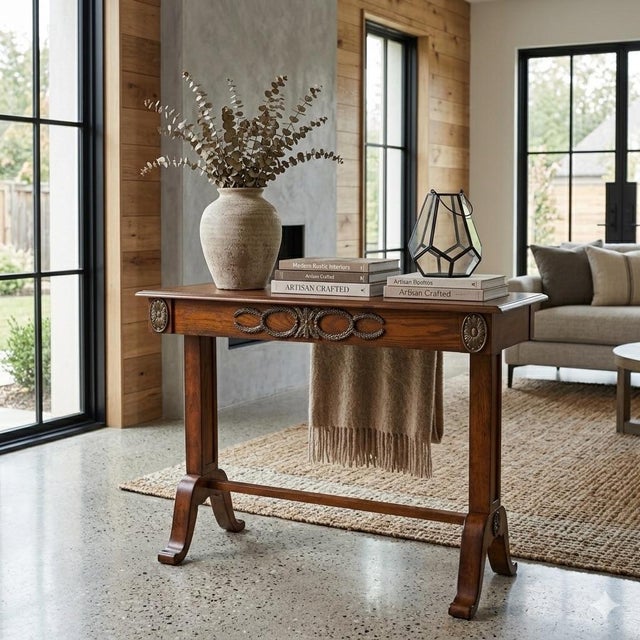 Vintage Oak Side Console Accent Table W Carved Accents and Scroll Feet For Sale - Image 10 of 10