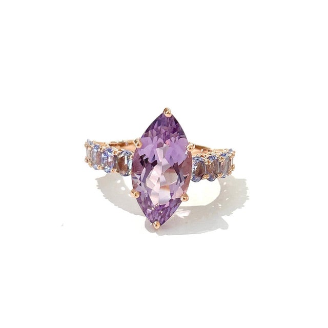 Metal Bochic “Orient” Natural Amethyst & Lilac Tanzanite Ring Set 18K Gold & Silver For Sale - Image 7 of 10