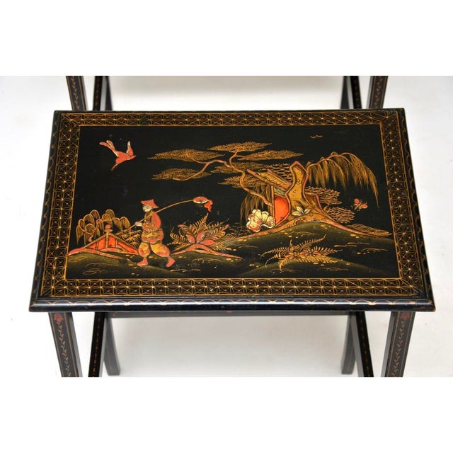 Black Antique Edwardian Lacquered Chinoiserie Nesting Tables, 1900, Set of 3 For Sale - Image 8 of 12
