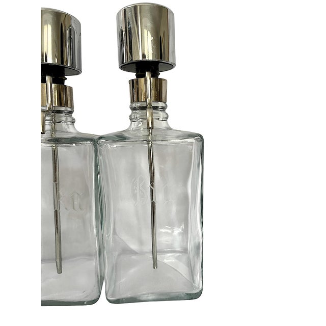 Mid 20th Century Vintage Mid-Century Etched Glass & Chrome Liquor Dispenser Bar Bottles — Set of 6 For Sale - Image 5 of 13