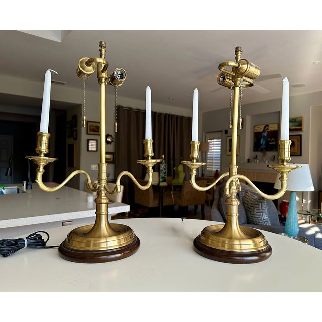 1990s Pair Brass Bouillotte Candleholder Table Lamps Wildwood For Sale - Image 5 of 15