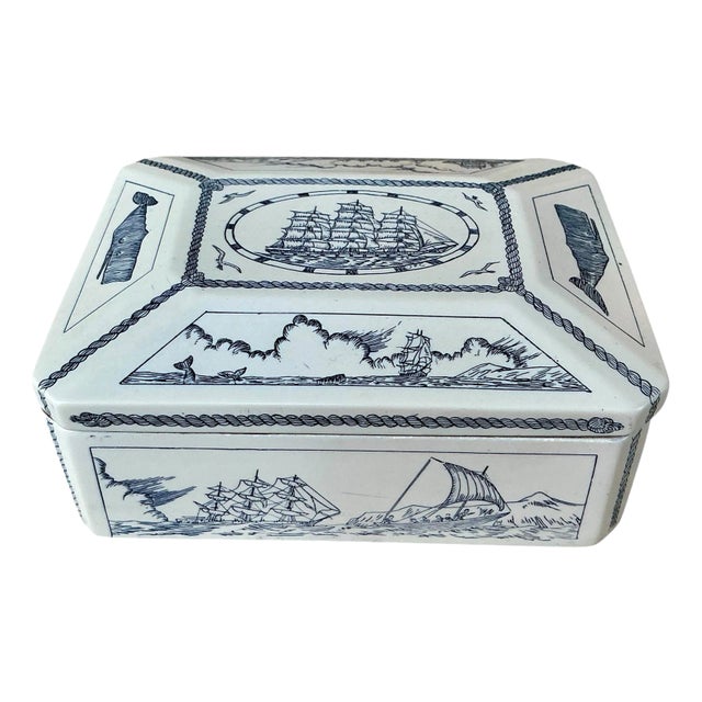 Vintage Faux Scrimshaw Beatrice Whaleship Trinket Jewelry Box Made in Great Britain For Sale