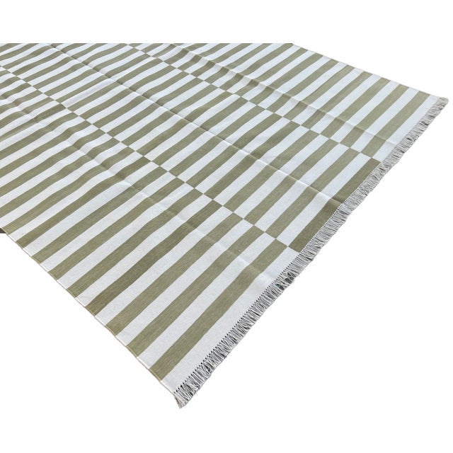 Not Yet Made - Made To Order Handmade Cotton Area Rug Vegetable Dyed Olive Green and White Up Down Striped Rug-5'x7' For Sale - Image 6 of 11