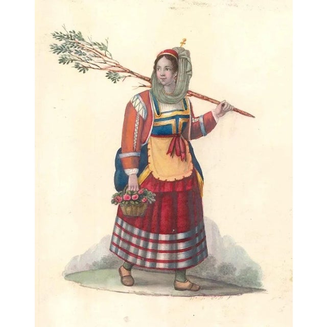 Woman with Flowers - Watercolor by M. De Vito - 1820 ca. 1820 c.a. For Sale - Image 3 of 3