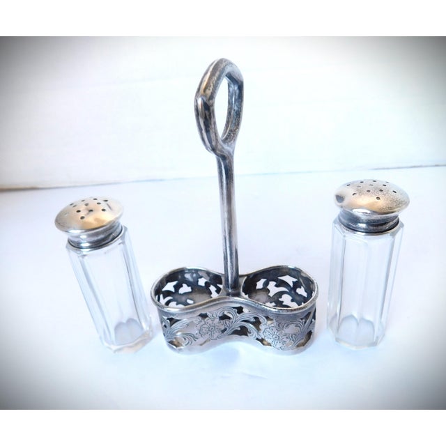 Antique Pair of Sterling Silver and Glass Salt and Pepper Shakers in a Sterling Silver Openwork Floral Holder with Mexican...