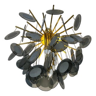 Large Vintage Chandelier in Polished Brass with Glass Discs, 1990s For Sale
