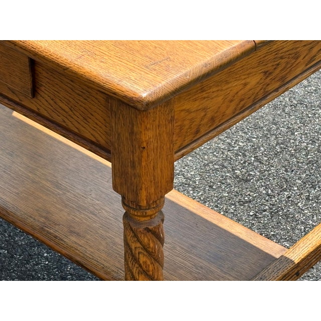 19th C. Tiger Oak One-Drawer Library Table - Twist Legs + Highly Detailed For Sale - Image 14 of 17