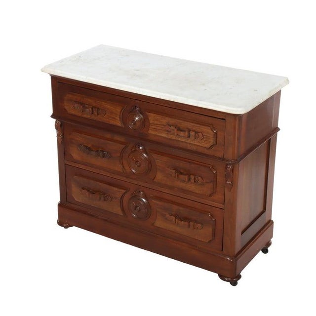 Antique Walnut 3-Drawer Marble Top Chest With Carved Medallions & Pulls C1890 For Sale - Image 4 of 18