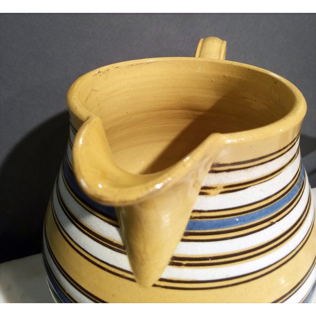 Yellow Large Mocha Yellow Ware Jug With Blue, White and Brown Slip Bands and Shell Grip For Sale - Image 8 of 10