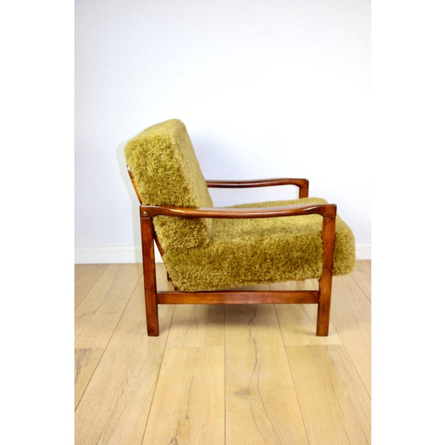 Vintage Wooden Armchair with Khaki Long Hair Upholstery by Z. Bączyk, 1970s For Sale - Image 3 of 13