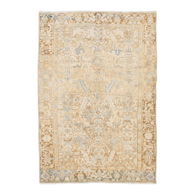 Vintage Hand-Knotted Oushak Wool Rug With Soft Blue Accent & Muted Neutral Tones For Sale