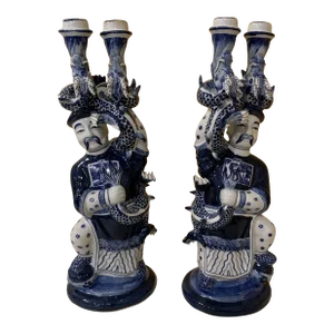 Blue & White Chinese Porcelain Figural Serpentine Candle Holders - Set of 2