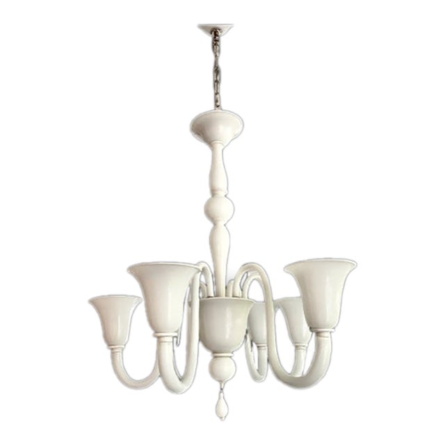 Handmade in Italy Murano White Glass Six Arm Chandelier For Sale