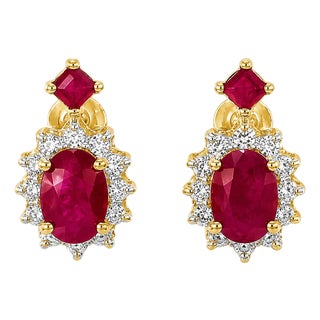 Late 20th Century 14K Yellow Gold Estate Diamond & Ruby Filigree Earrings, Pair For Sale