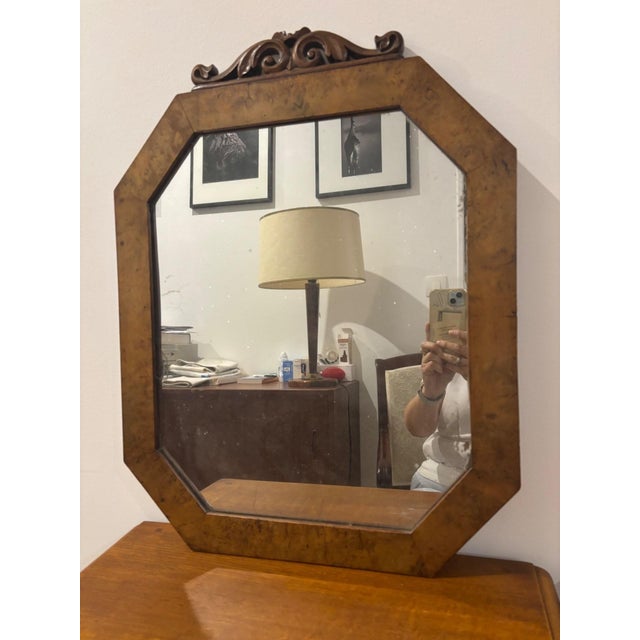 Brown Antique Octagonal Mirror in Burl Wood with Carved Scroll Pediment, 1890s For Sale - Image 8 of 8