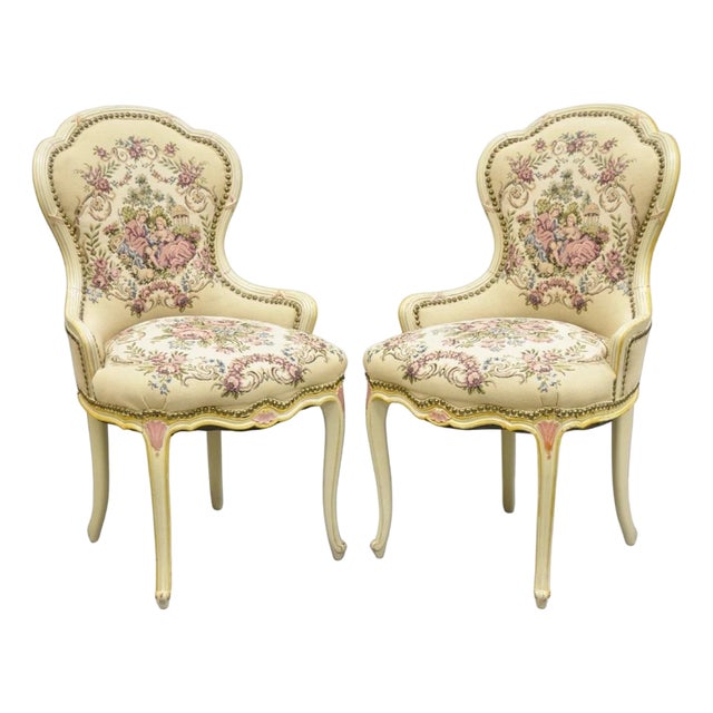 Vintage French Louis XV Style Cream & Pink Painted Boudoir Slipper Chair - Pair For Sale
