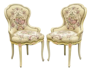 Vintage French Louis XV Style Cream & Pink Painted Boudoir Slipper Chair - Pair