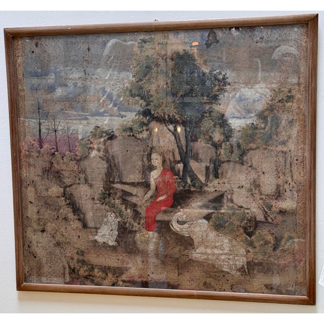 Antique Chinese Hand Painted Scenic Textile Framed Art. This lovely textile is so old that it appears to have been falling...